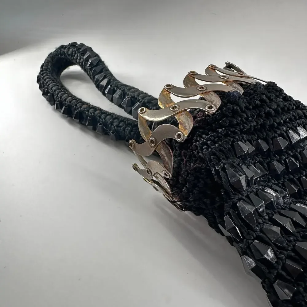 Vintage Black Beaded Evening Purse with Bike Chain Strap Accent Y2K Goth